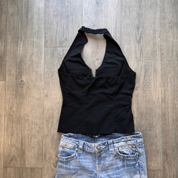 Black zip front backless halter top. military button details. Stretch fabric. - Picture 4 of 16